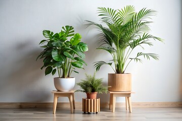 A trio of lush green houseplants including a large monstera deliciosa and a tall areca palm in stylish pots on wooden stands against a neutral wall