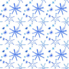 Watercolor snowflake seamless pattern, background, surface design for winter holidays, New Year, Christmas, png with transparet background, hand painted   