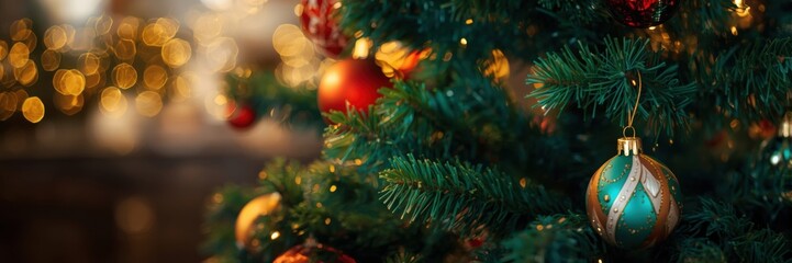 A close-up showcases a decorated Christmas tree with blurred lights and ornaments. Concept of holiday cheer, festive traditions, and joyful celebrations during the winter season.