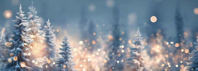 Christmas winter blurred dreamy background, Christmas tree decorated with garland lights and snowflakes, festive celebration atmosphere background, widescreen backdrop. New Year art design, widescreen