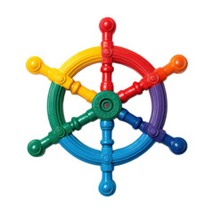 A colorful toy wheel with a rainbow design