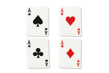 Four aces playing cards displaying spades, hearts, clubs, and diamonds suits for gambling and winning concepts
