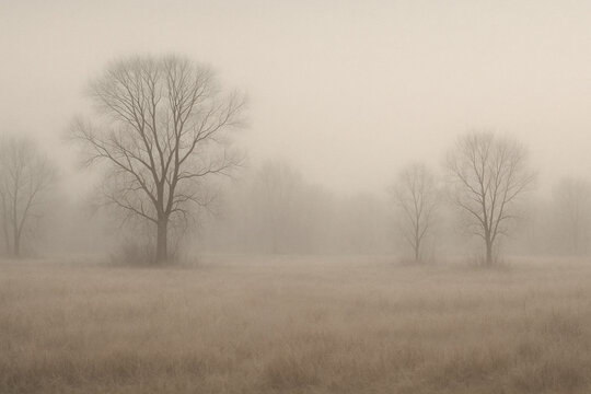 Peaceful November landscape with a foggy morning over a quiet field and bare trees. Calm autumn atmosphere with soft light and muted natural tones, ideal for seasonal and nature theme