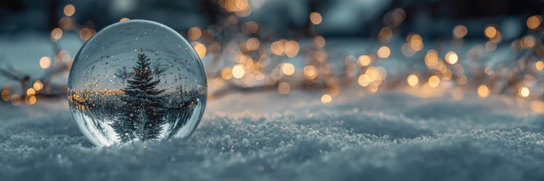 A snow globe displays a miniature evergreen tree covered in snow, set against a blurred winter landscape. Concept of holiday magic, festive cheer, and winter wonder.