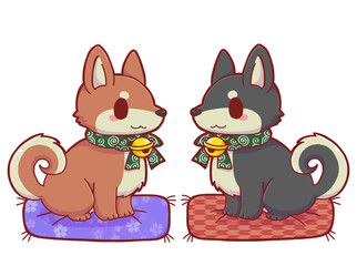 Twin Shiba Inus Facing Each Other &ndash; Hand-drawn Japanese Dogs on Wagara Cushions
