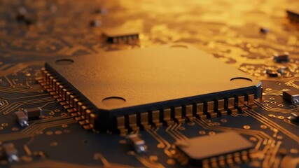 Dynamic close-up reveals intricate golden circuit board pathways and a central processor, signifying innovation and advanced technology.