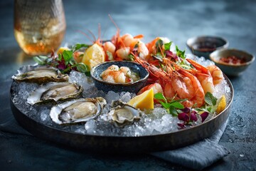 Luxurious seafood platter on bed of crushed ice with oysters on half shell, poached prawns, lemon wedges, lit with cool crisp light against dark slate background.