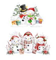 Watercolor Snowman Characters with Christmas Decorations