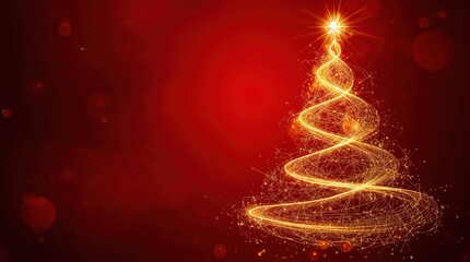 A vibrant, golden Christmas tree sparkles against a deep red background. Concept of festive cheer, holiday magic, and joyful celebration.