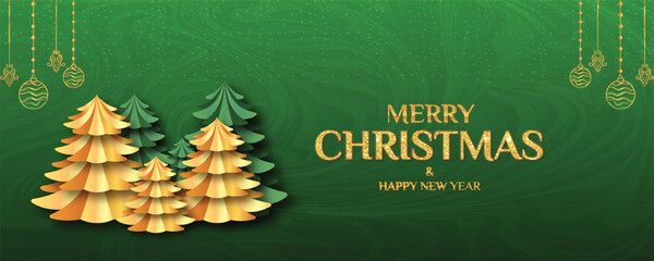 Festive banner greeting Merry Christmas and Happy New Year featuring stylish paper cut Christmas trees in gold and green, Design for Banner, Header, festival sales and advertisements.