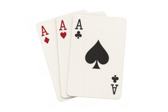 Three playing cards showing aces of diamonds, hearts, and spades, fanned out for a strong poker hand. Transparent background
