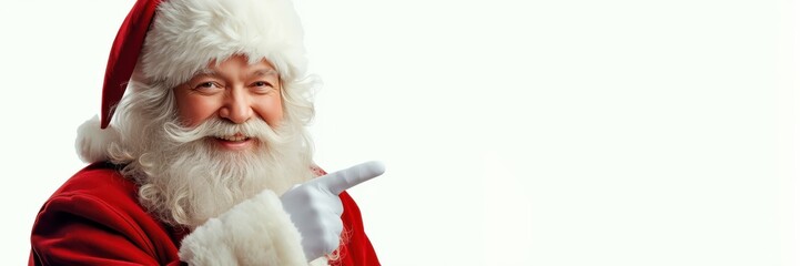 A smiling Santa Claus in a red suit points directly on empty banner. Concept of holiday cheer, generosity, and the magic of Christmas. Cope space, place for text