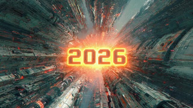 Futuristic 2026 glowing text explodes with energy in a digital sci-fi tunnel, symbolizing future advancement on a tech-inspired background
