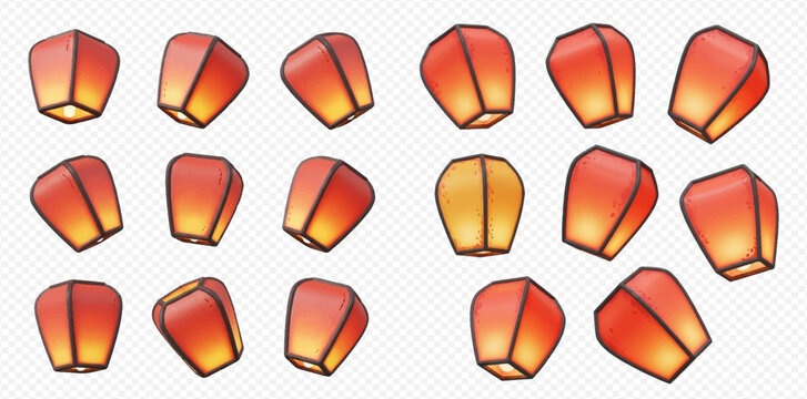 A collection of floating sky lanterns, glowing with warm light against a transparent background.