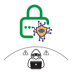 Data privacy and cyber protection vector with hacker, lock, and eye shield