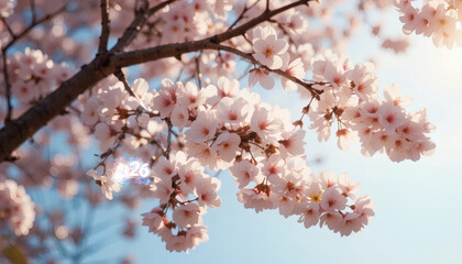 Cherry blossoms blooming with soft sunlight, representing renewal and beauty of new cycles