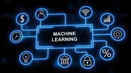 Machine Learning Concept Diagram with Icons and World Map Background artificial intelligence data science - Powered by Adobe