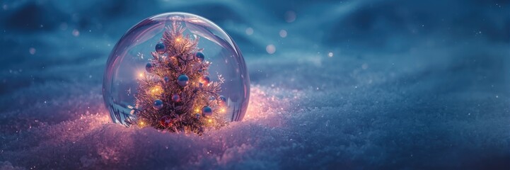 A miniature Christmas tree sits inside a snow globe, illuminated with warm lights. Concept of festive holidays, winter magic, and cherished memories.
