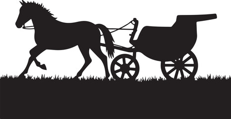 Black silhouette of a horse pulling a carriage on grass