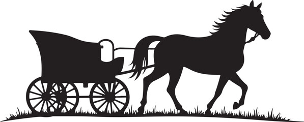 Black silhouette of a horse pulling a carriage over grass