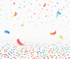 Colorful multicolored confetti falling and lying on the floor isolated on a light background. Vector illustration.