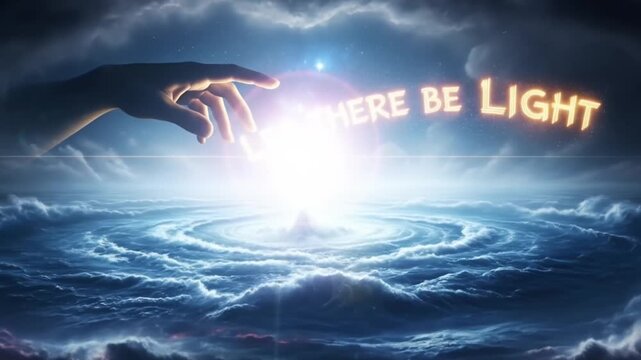 Divine creation moment: Hand reaching out to create light and life in a breathtaking cosmic scene, dramatic religious concept