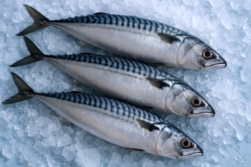 Fresh whole mackerel fish presented on a vibrant bed of crushed ice, showcasing pristine quality seafood ready for healthy cuisine