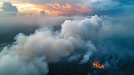 Obraz premium Aerial view of a massive forest fire sending plumes of smoke into the sky at sunset. Environmental disaster showing deforestation and climate change. Bird's eye view from a drone