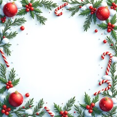 Christmas frame with fir branches, red ornaments and candy canes isolated on white background