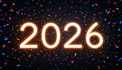 Minimalist New Year background with neon glowing numbers ‘2026’ surrounded by confetti, streamers, and sparkles on a dark backdrop