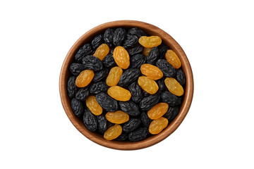 Dried Raisins in Wooden Bowl Top View on Black Background