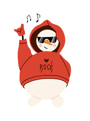 Cheerful snowman in a red rocker hoodie, cool sunglasses and with a rock and roll gesture. Funny illustration of a winter holiday character.