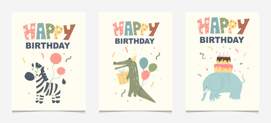 Collection of three vertical birthday greeting cards with adorable safari animals. Zebra carries balloons, crocodile presents, crocodile and elephant presents cake