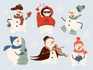 Set of six smiling snowmen in different playful poses and outfits. Snowman rocker, on skates, with a gift, violin, and Christmas tree. Collection of cute winter characters