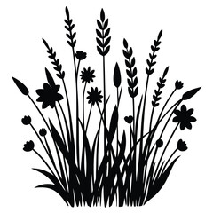 Black and white vector illustration of wildflowers and tall grass design