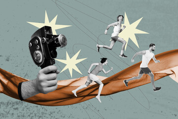 Zine full trendy collage photo of happy girl men sport tournament running race hand hold camera journalist shooting cadre
