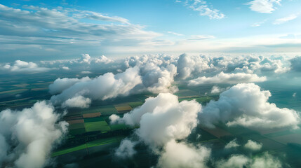 Aerial view from a drone flying above the clouds. Bird's-eye perspective of a rural landscape with agricultural fields and a scenic cloudscape