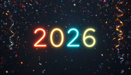Minimalist New Year background with neon glowing numbers ‘2026’ surrounded by confetti, streamers, and sparkles on a dark backdrop