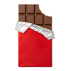 Delicious chocolate bar partially unwrapped with a bite missing. Perfect for food, dessert, and sweet treat concepts. Isolated on white or transparent background. PNG format.