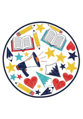 Educational Illustration with Books Pencils Stars and Hearts on Black Background