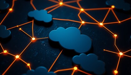 Abstract network of blue cloud icons connected by orange light lines on dark background computing connection