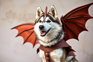 A cheerful husky dog wearing a striking dragon costume stands proudly with red wings and a decorative collar. The background hints at a sunny outdoor location, creating a joyful atmosphere