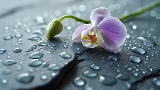 Delicate orchid flower with water droplets on a textured surface