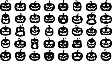 Halloween pumpkin vector icon set, black silhouette halloween vector designs, minimal spooky halloween symbols, various shapes on white background for seasonal decorations and design projects