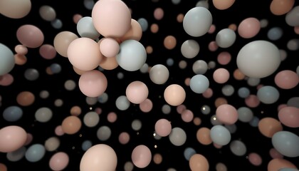Overlapping pastel spheres in dark space with scattered bokeh lights balls orbs