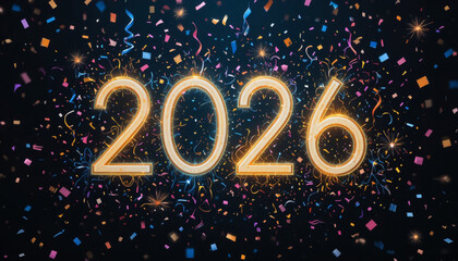 Minimalist New Year background with neon glowing numbers ‘2026’ surrounded by confetti, streamers, and sparkles on a dark backdrop