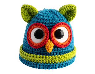 Colorful Crochet Owl Beanie for Kids, Front View, isolated on white background