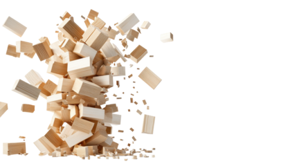 Jenga tower blocks falling on transparent background