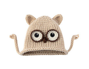 Crochet Owl Baby Beanie Folded Flat with Yarn Details, top-down view, on white background