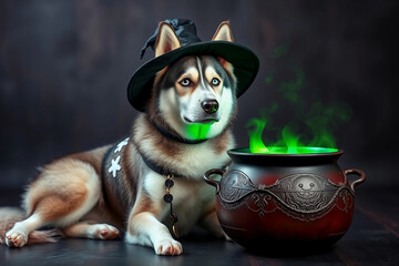 Siberian Husky in a witch hat rests next to a cauldron filled with green liquid. The atmosphere is spooky, perfect for a Halloween celebration, highlighting mystical elements and fun